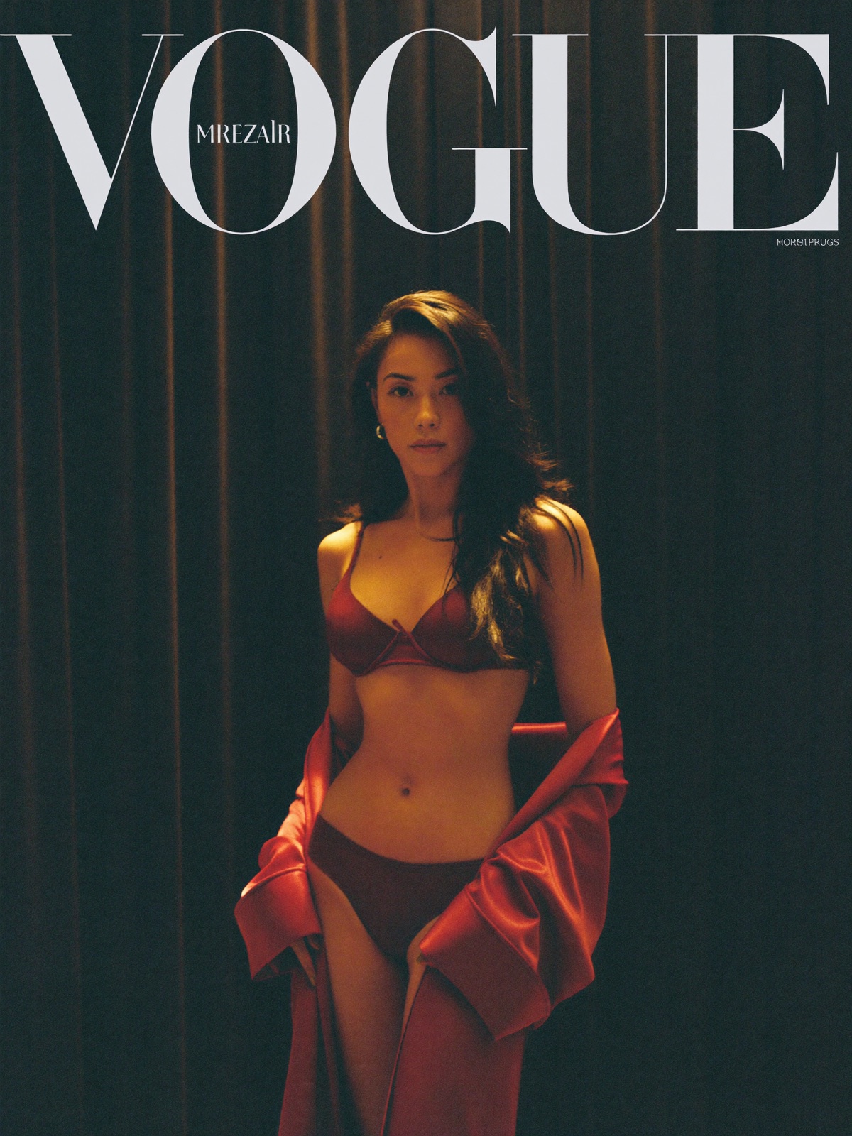 AI-generated editorial portrait in a crimson silk robe, backstage